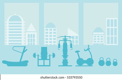 fitness gym interior template with sports equipments and cardio equipment, exercise bike, treadmills, elliptical trainers, . Fitness concept with sport Club in flat style. Blue silhouette.