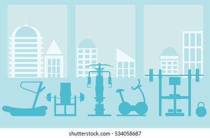 Fitness gym interior template with sports equipments and cardio equipment, exercise bike, treadmills, elliptical trainers, . Fitness concept with sport Club in flat style. Blue silhouette.