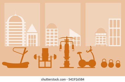 Fitness gym interior template with sports equipments and cardio equipment, exercise bike, treadmills, elliptical trainers, . Fitness concept with sport Club in flat style.