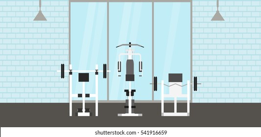 Fitness gym interior template with sports equipments and cardio equipment, exercise bike, treadmills, elliptical trainers, . Fitness concept with sport Club in flat style.