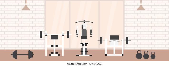 Fitness gym interior template with sports equipments and cardio equipment, exercise bike, treadmills, elliptical trainers, . Fitness concept with sport Club in flat style.