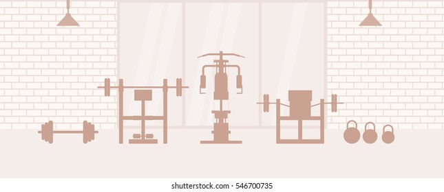 Fitness gym interior template with sports equipments, exercise, elliptical trainers and power training apparatus for top muscle groups. Fitness concept with sport Club in flat style. Brown silhouette.