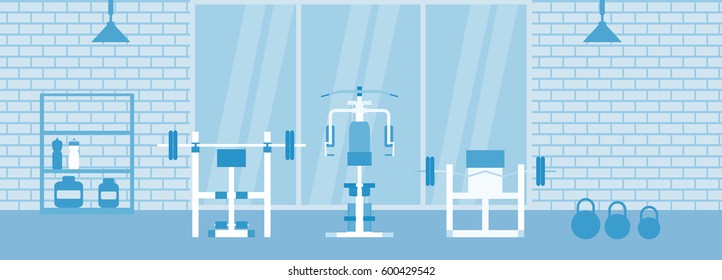 Fitness gym interior template with sports equipments and cardio equipment, exercise bike, treadmills, elliptical trainers, . Fitness concept with sport Club in flat style. Blue silhouette.