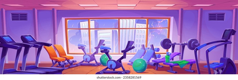 Fitness gym interior vector sport workout room with rain city view background. Weight exercise equipment with dumbbell in bodybuilding club. Bench, elliptical trainer and treadmill in wellness hall