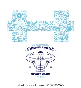 Fitness gym label, sport equipment icons