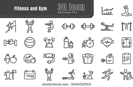 Fitness and gym Line Editable Icons set. Pixel perfect. Thin outline Editable Stroke. Icon types of physical activity, proper nutrition, and sports equipment.