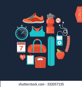 Fitness and gym line, flat icons