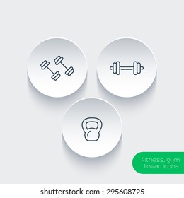 fitness, gym, line icons with barbells, kettlebell, vector illustration, eps10, easy to edit