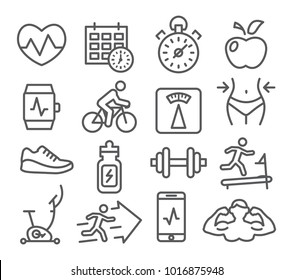 Fitness and Gym line icons set on white background