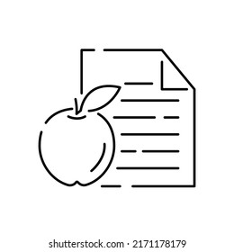 Fitness and Gym line icons set on white background. Healthy lifestyle and diet. Apple diet list on paper 