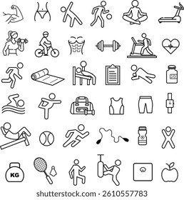 Fitness and Gym Line Icons Set. Workout, Exercise, Yoga, Weightlifting, Sports, Health, Equipment Template