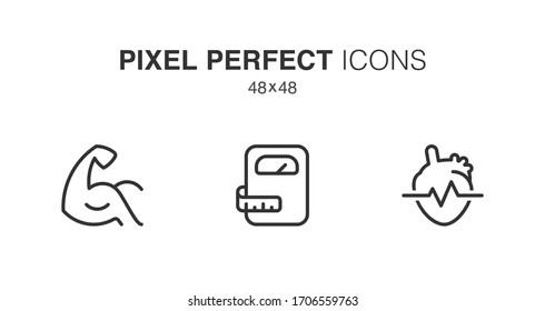 Fitness and Gym line icons. Vector Icons. Contains such icons as Muscle, Cardio, Weight. Simple vector material design of web graphics. 48x48 Pixel Perfect.