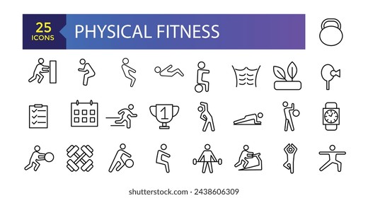 Fitness and Gym line icons Vector Icons. Adjust stroke weight Related Vector Line Icons. Set of fitness gym equipment, sports recreation activity.