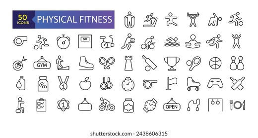 Fitness and Gym line icons Vector Icons. Adjust stroke weight Related Vector Line Icons. Set of fitness gym equipment, sports recreation activity.