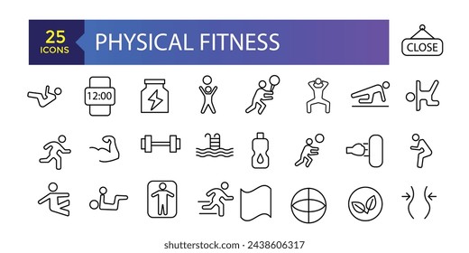Fitness and Gym line icons Vector Icons. Adjust stroke weight Related Vector Line Icons. Set of fitness gym equipment, sports recreation activity.