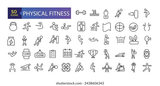 Fitness and Gym line icons Vector Icons. Adjust stroke weight Related Vector Line Icons. Set of fitness gym equipment, sports recreation activity.
