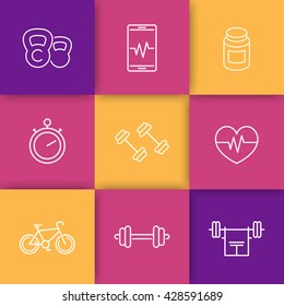 fitness, gym linear icons set, vector illustration