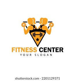 Fitness gym logo design with exercising athletic only woman on gold template vector.