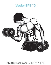 Fitness Gym logo design of exercising athletic muscular man with dumbbells vector illustration