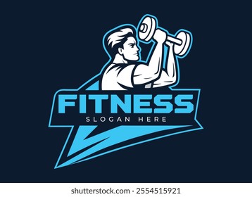 Fitness gym logo design, Strong athlete icon for gym and fitness, Bodybuilder silhouette, Muscle man, gym logo, Fitness Sports Center logo, Gym fitness barbell logo icon vector illustration