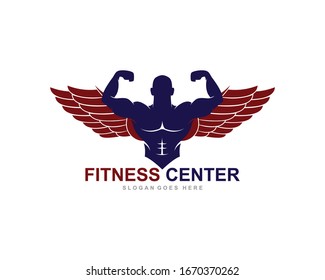 Fitness Gym logo design template weightlifting , vintage style vector emblem with wings. vector illustration