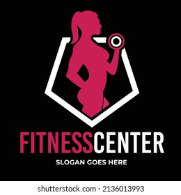 Fitness Gym logo design template with exercising athletic  woman isolated on black, vector illustration
