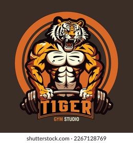 Fitness Gym logo design template with exercising athletic tiger isolated, vector illustration