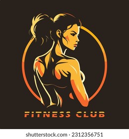 Fitness Gym logo design template with exercising athletic woman isolated on black