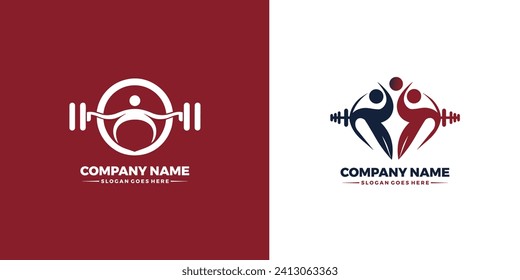 Fitness Gym logo design template with exercising athletic man and woman isolated on white, vector illustration