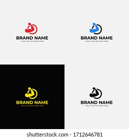 Fitness gym logo design vector template with hand in circle shape. Abstract modern bodybuilding business logo design. Gymnasium or fitness training logo design.