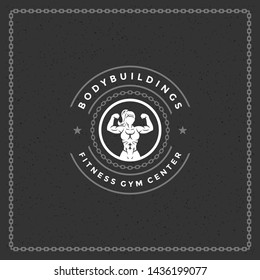 Fitness gym logo or emblem vector illustration. Bodybuilder woman silhouette for t-shirt or print stamp. Retro typography badge design.