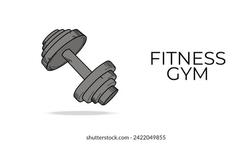 Fitness gym logo with heavy dumbbell with round cylindrical handle. Sport tool, fitness equipment isolated on white background. Poster with dumbbell. Motivational banner for sport and powerlifting