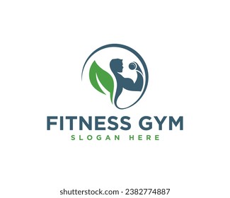 Fitness Gym logo icon design with green leaf vector template.