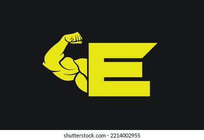 Fitness Gym logo with letter E, bicep flex logo, vector, design, emblem, icon