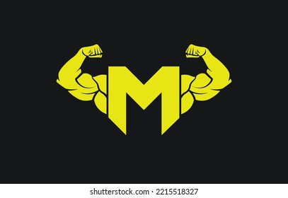 Fitness Gym Logo With Letter M, Bicep Flex Logo, Design, Vector, Emblem.