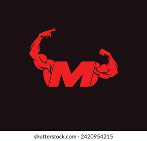 Fitness Gym logo with letter M, bicep flex logo, gym and fitness logo, design, emblem and icon