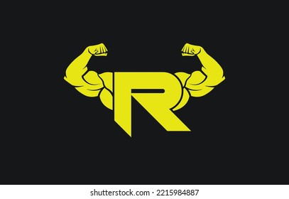 Fitness Gym logo with letter R, bicep flex logo, vector, design, emblem, icon