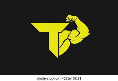 Fitness Gym logo with letter T, bicep flex logo, vector, design, emblem, icon