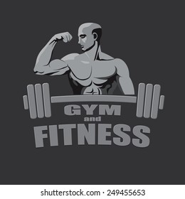 Fitness gym logo mock up bodybuilder showing biceps grey background.