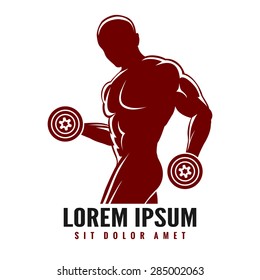 Fitness or Gym logo with muscled man silhouette. Man holds dumbbells.