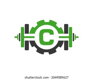 Fitness Gym Logo On Letter C. Fitness Club Icon With Exercising Equipment. Initial Alphabet Letter C GYM Logo Design Template