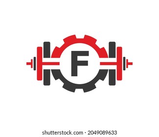 Fitness Gym Logo On Letter F. Fitness Club Icon With Exercising Equipment. Initial Alphabet Letter F GYM Logo Design Template