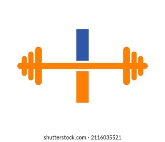 Fitness Gym Logo On Letter I Sign. Gym And Fitness Initial Alphabet Letter I Logo Template Barbells Kettlebell Logotype
