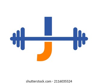 Fitness Gym Logo On Letter J Sign. Gym And Fitness Initial Alphabet Letter J Logo Template Barbells Kettlebell Logotype