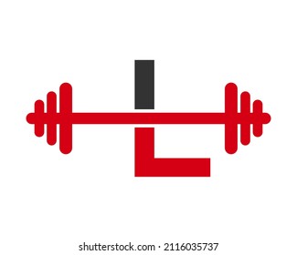 Fitness Gym Logo On Letter L Sign. Gym And Fitness Initial Alphabet Letter L Logo Template Barbells Kettlebell Logotype