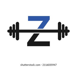 Fitness Gym Logo On Letter Z Sign. Gym And Fitness Initial Alphabet Letter Z Logo Template Barbells Kettlebell Logotype