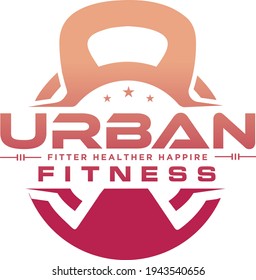 Fitness Gym logo, Gym power logo design idea with kettle bell and thunder symbol in negative space. Fitness and bodybuilding club logo template. Sport and recreation theme. 