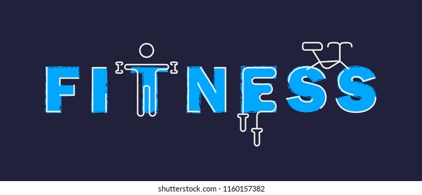 Fitness Gym logo template. Lettering and sports symbols sign blue on a dark background. Vector illustration eps 10