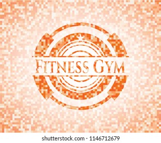 Fitness Gym orange tile background illustration. Square geometric mosaic seamless pattern with emblem inside.