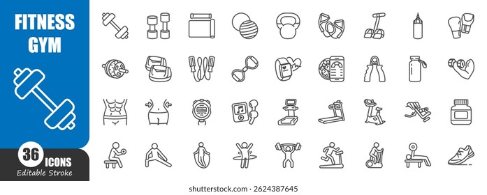 Fitness and gym outline icon . Editable stroke . Vector .